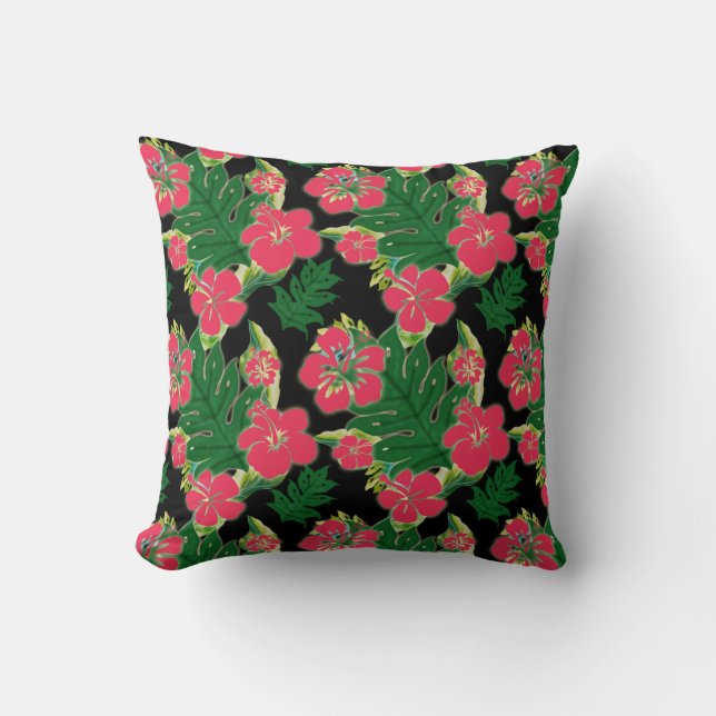 Fuchsia Hibiscus with Banana Leaf Motif Cushion (Front)