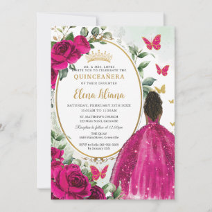 Fuchsia Hot Pink Floral Brown Princess Quinceañera Invitation