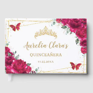 Fuchsia Hot Pink Floral Butterflies QUINCEAÑERA Guest Book