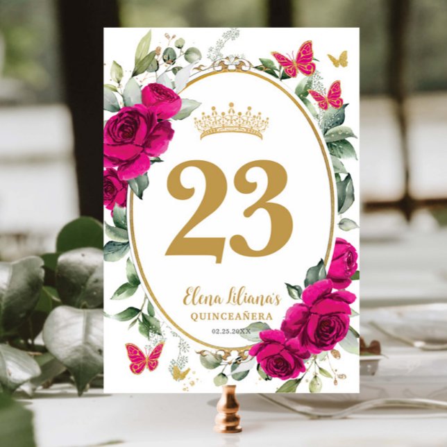 Fuchsia Hot Pink Floral Butterflies Quinceanera XV Table Number (Creator Uploaded)