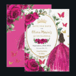 Fuchsia Hot Pink Floral Princess Dress Quinceañera Save The Date<br><div class="desc">Personalise this pretty fuchsia hot pink floral Quinceañera / Sweet 16 birthday save the date easily and quickly. Simply click the customise it further button to edit the texts, change fonts and fonts colours. Featuring a girl dressed in a beautiful glittery fuchsia ball gown, vibrant fuchsia roses, butterflies and a...</div>