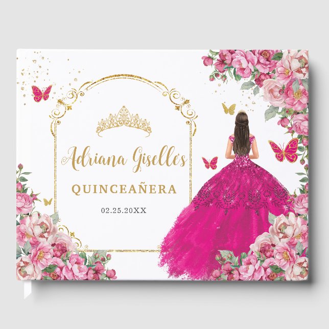 Fuchsia Hot Pink Floral Princess Gold Quinceañera  Guest Book (Front)