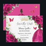 Fuchsia Hot Pink Floral Princess Gold Quinceañera Save The Date<br><div class="desc">Personalise this pretty fuchsia hot pink floral Quinceañera / Sweet 16 birthday save the date easily and quickly. Simply click the customise it further button to edit the texts, change fonts and fonts colours. Featuring a girl dressed in a beautiful glittery fuchsia ball gown, vibrant fuchsia roses, butterflies and gold...</div>