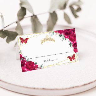 Fuchsia Hot Pink Floral Quinceañera 16th Birthday Place Card