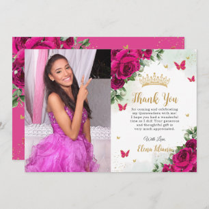 Fuchsia Hot Pink Floral Quinceañera Sweet 16 Photo Thank You Card