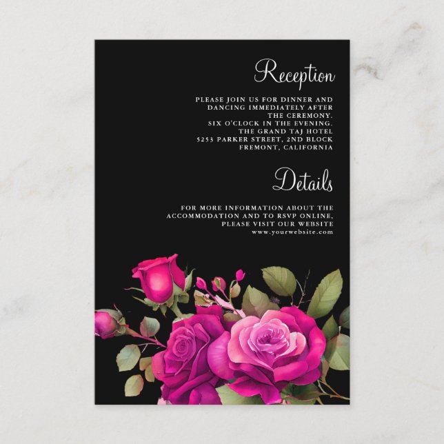 Fuchsia Hot Pink Roses Black Wedding Details Enclosure Card (Front)