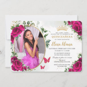 Fuchsia Hot Pink Roses Floral Quinceañera  Photo Invitation
