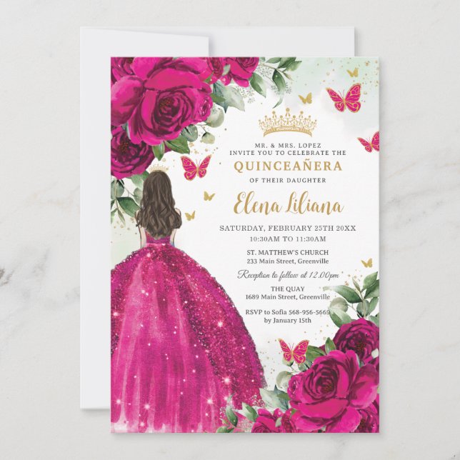 Fuchsia Hot Pink Roses Floral Quinceañera Sweet 16 Invitation (Front)