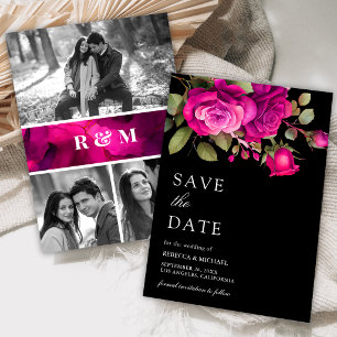 Fuchsia Hot Pink Roses Photo Collage Black Wedding Save The Date