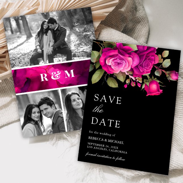 Fuchsia Hot Pink Roses Photo Collage Black Wedding Save The Date (Creator Uploaded)