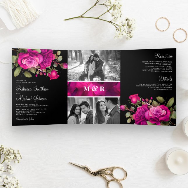 Fuchsia Hot Pink Roses Photo Collage Black Wedding Tri-Fold Invitation (Creator Uploaded)