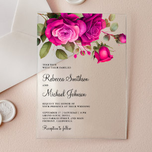 Fuchsia Hot Pink Roses Wedding Acrylic Invitations