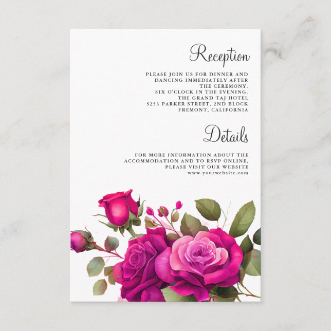 Fuchsia Hot Pink Roses Wedding Details Enclosure Card (Front)