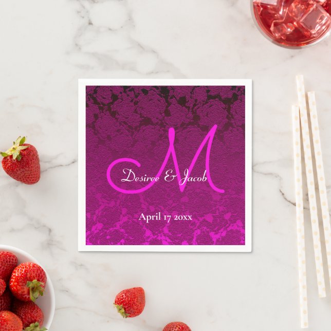 Fuchsia Hot Pink White Elegant Wedding Monogram Napkin (Insitu)