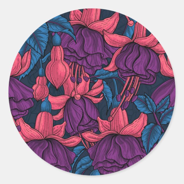 Fuchsia in blue and purple classic round sticker (Front)