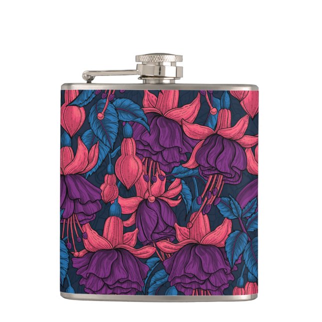 Fuchsia in blue and purple hip flask (Front)
