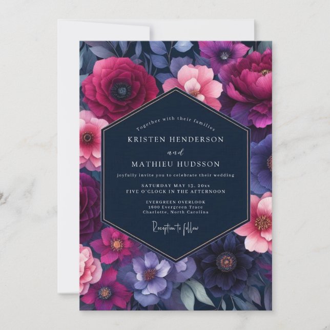Fuchsia Indigo Bloom Wedding Invitation (Front)