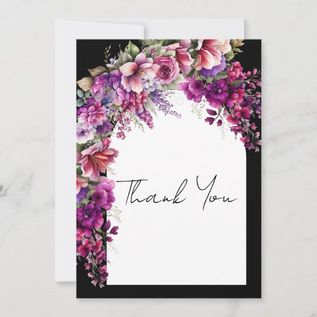 Fuchsia Lavender Floral Arch Bridal Shower Thank You Card (Front)