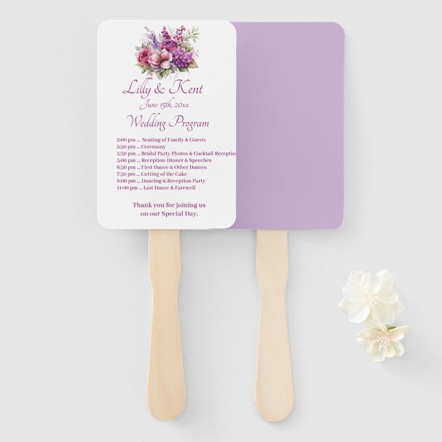 Fuchsia Lavender Wedding Program Fans (Front and Back)