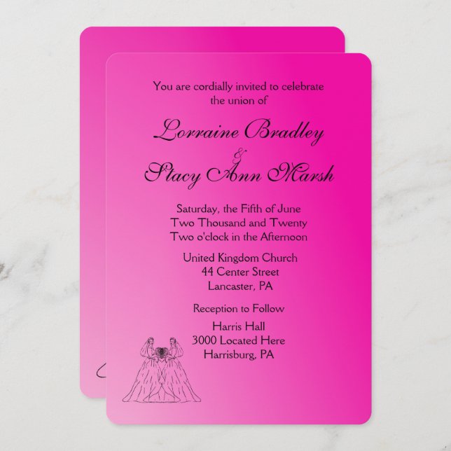 Fuchsia Lesbian Wedding Invitation (Front/Back)