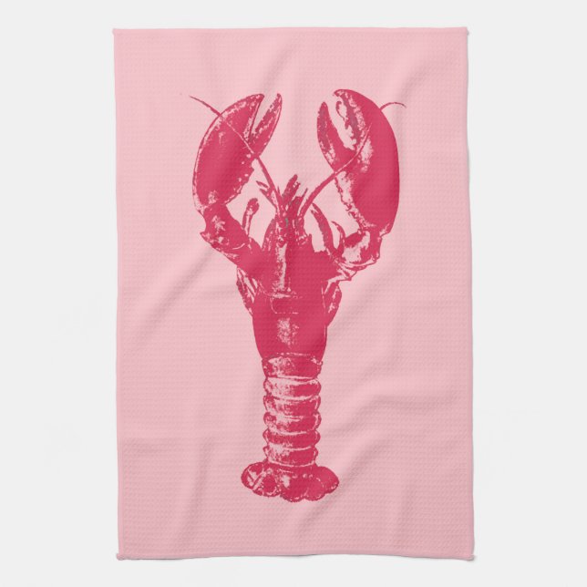 Fuchsia Lobster on Light Pink Tea Towel (Vertical)