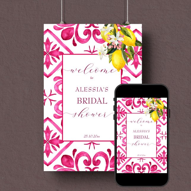 Fuchsia magenta lemon bridal shower welcome sign (Fuchsia magenta tiles lemon bridal shower editable template welcome sign poster digital download)