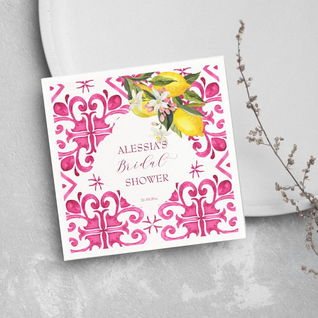 Fuchsia Majolica magenta tiles bridal shower  Napkin (Fuchsia Majolica magenta tiles lemons bunch bridal shower tableware personalized Napkins modern)