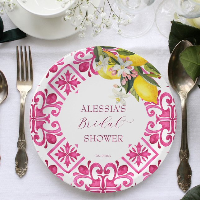 Fuchsia Majolica magenta tiles bridal shower  Paper Plate (Fuchsia Majolica magenta tiles lemons bridal shower tableware personalized Paper Plates)
