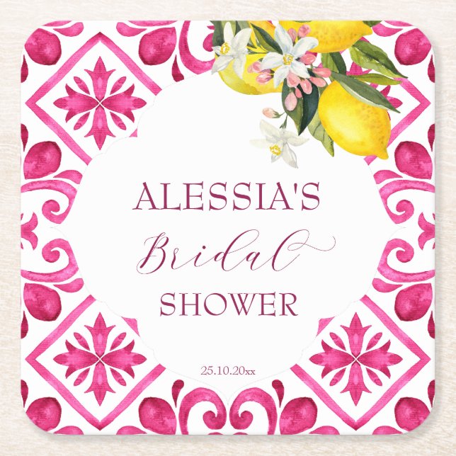 Fuchsia Majolica magenta tiles bridal shower  Square Paper Coaster (Front)