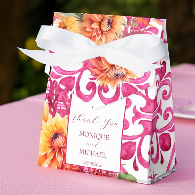 Fuchsia Majolica tiles orange dahlia template Favour Box (Fuchsia Majolica tiles orange dahlia template Favor Box wedding favors elegant personalized)