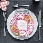 Fuchsia Majolica tiles orange dahlia template Paper Plate<br><div class="desc">Fuchsia Mediterranean Majolica tiles magenta fuchsia colour theme wedding  template paper plates personalised wedding tableware decor,  Italian style Capri,  Amalfi Coast,  Sicilia themed wedding plates with bride and groom names</div>