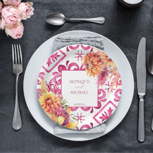 Fuchsia Majolica tiles orange dahlia template Paper Plate