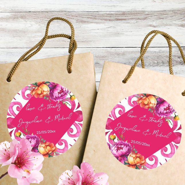 Fuchsia Majolica tiles orange thank you favour Classic Round Sticker (Fuchsia Majolica tiles orange peonies thank you favor Stickers magenta hot pink favor stickers)