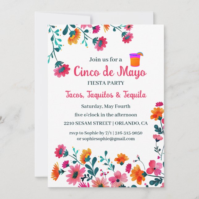Fuchsia Mexican Flowers Cinco de Mayo Fiesta Invitation (Front)