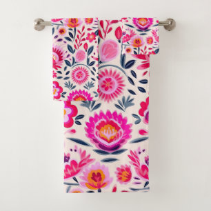 Fuchsia Mexican Flowers  Pattern Bath Towel Set