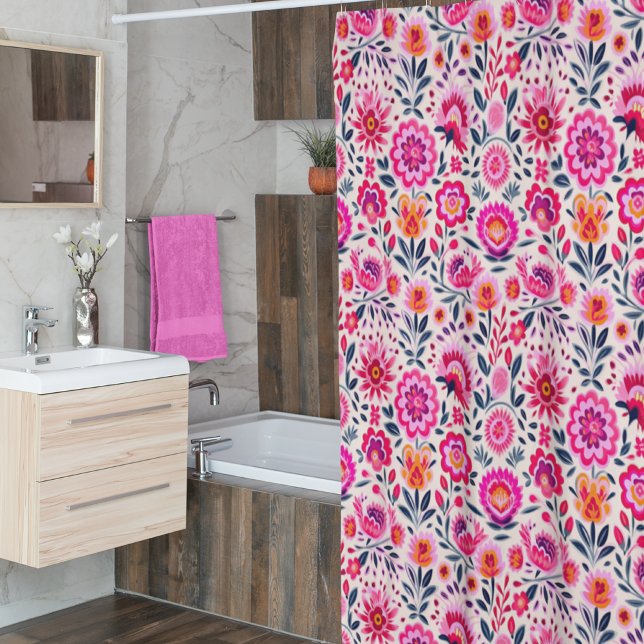 Fuchsia Mexican Flowers Pattern Shower Curtain (Creator Uploaded)