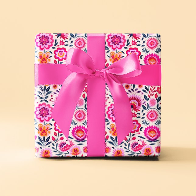 Fuchsia Mexican Flowers Pattern Vibrant Wrapping Paper (Creator Uploaded)