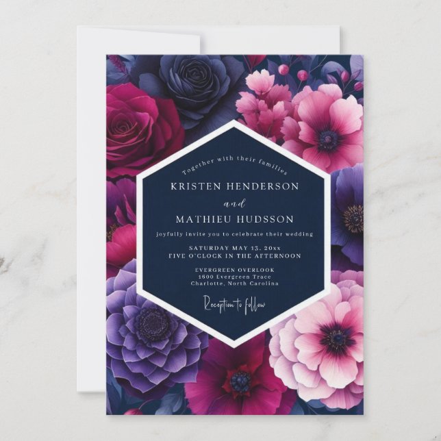 Fuchsia Midnight Bloom Wedding Invitation (Front)