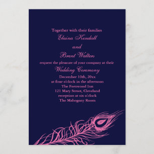 Fuchsia & Navy Feathers Wedding Invitation