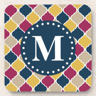 Fuchsia Navy Moroccan Lattice Monogram Coaster