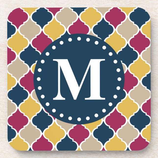 Fuchsia Navy Moroccan Lattice Monogram Coaster (Front)