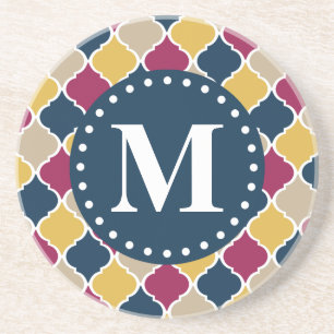 Fuchsia Navy Moroccan Lattice Monogram Coaster