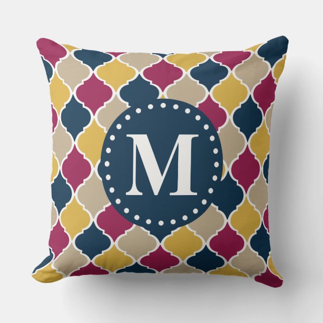 Fuchsia Navy Moroccan Lattice Monogram Cushion (Front)