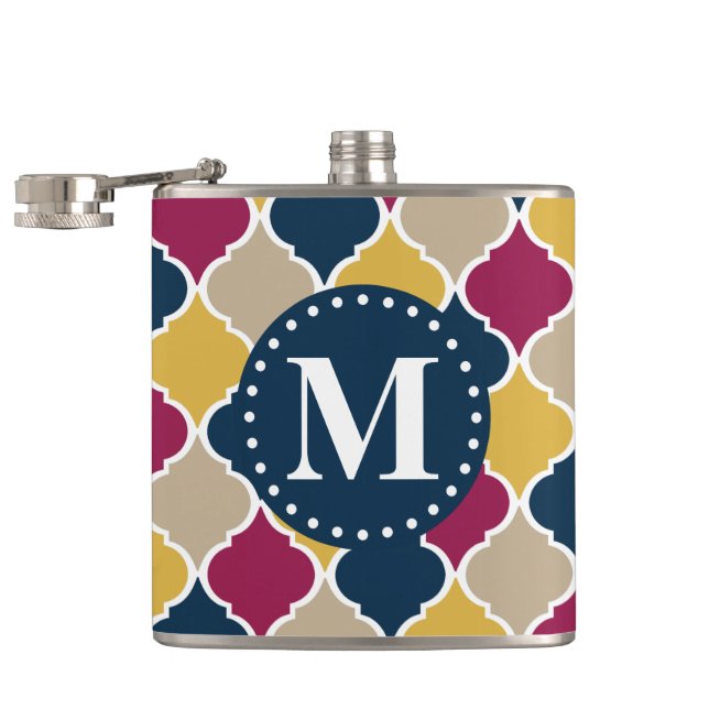 Fuchsia Navy Moroccan Lattice Monogram Hip Flask (Opened)