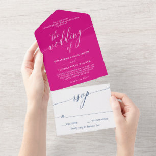Fuchsia Navy White Delicate Calligraphy Wedding All In One Invitation