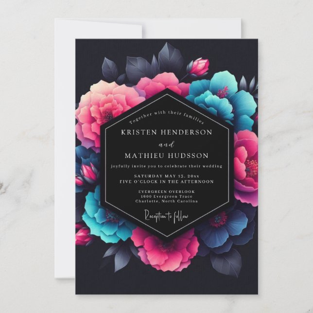 Fuchsia Neon Bloom Wedding Invitation (Front)