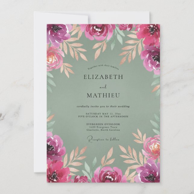 Fuchsia Olive Painted Wedding Invitation (Front)