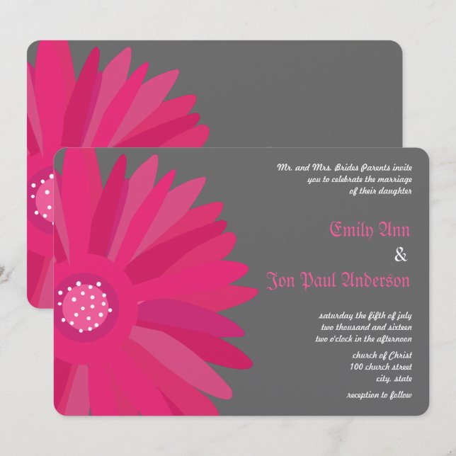 Fuchsia on Grey Gerber Daisy Wedding Invitation (Front/Back)