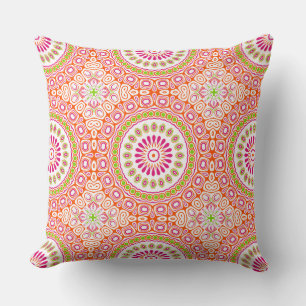 Fuchsia Orange and Green Vibrant Mandala Pattern Cushion