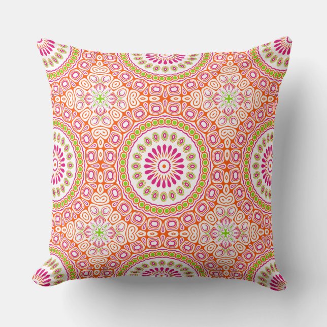 Fuchsia Orange and Green Vibrant Mandala Pattern Cushion (Front)